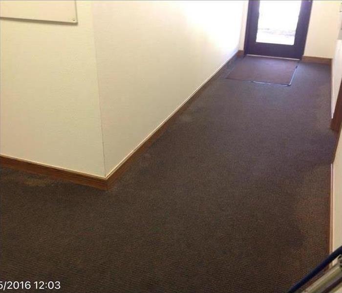 water on carpeting in commercial hallway