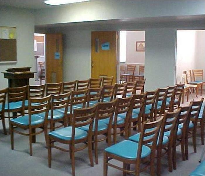restored church with chairs
